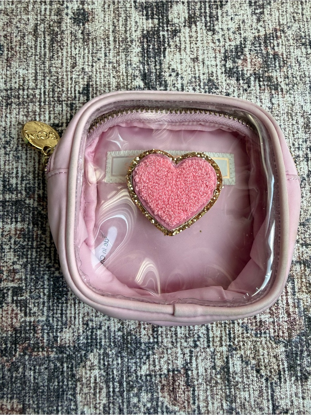 Stoney Clover Lane Pink Heart Clear Window Pouch with Gold Trim